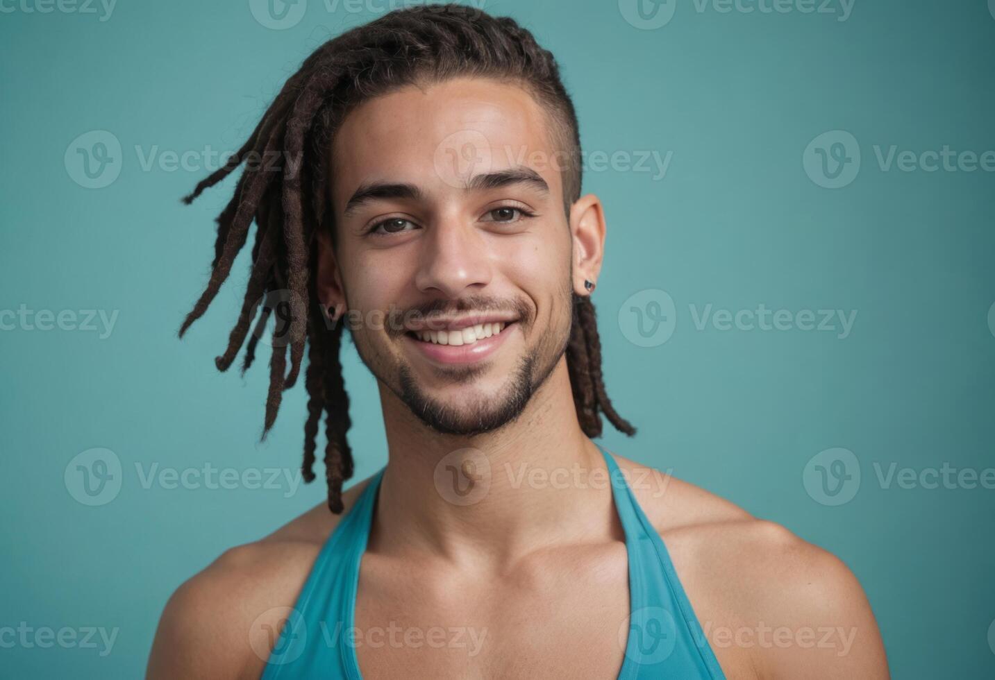 ai genererad tillfällig ung man med dreadlocks leende på de kamera. kricka tank topp och en avslappnad uppträdande. foto