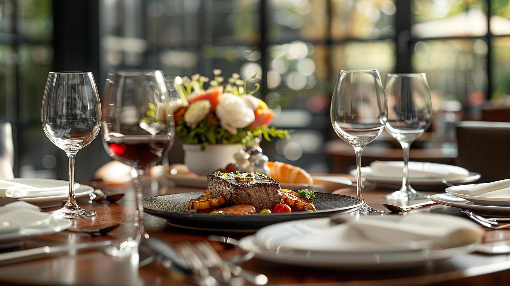 ai genererad läckra maträtter eras på en vackert uppsättning dining tabell foto