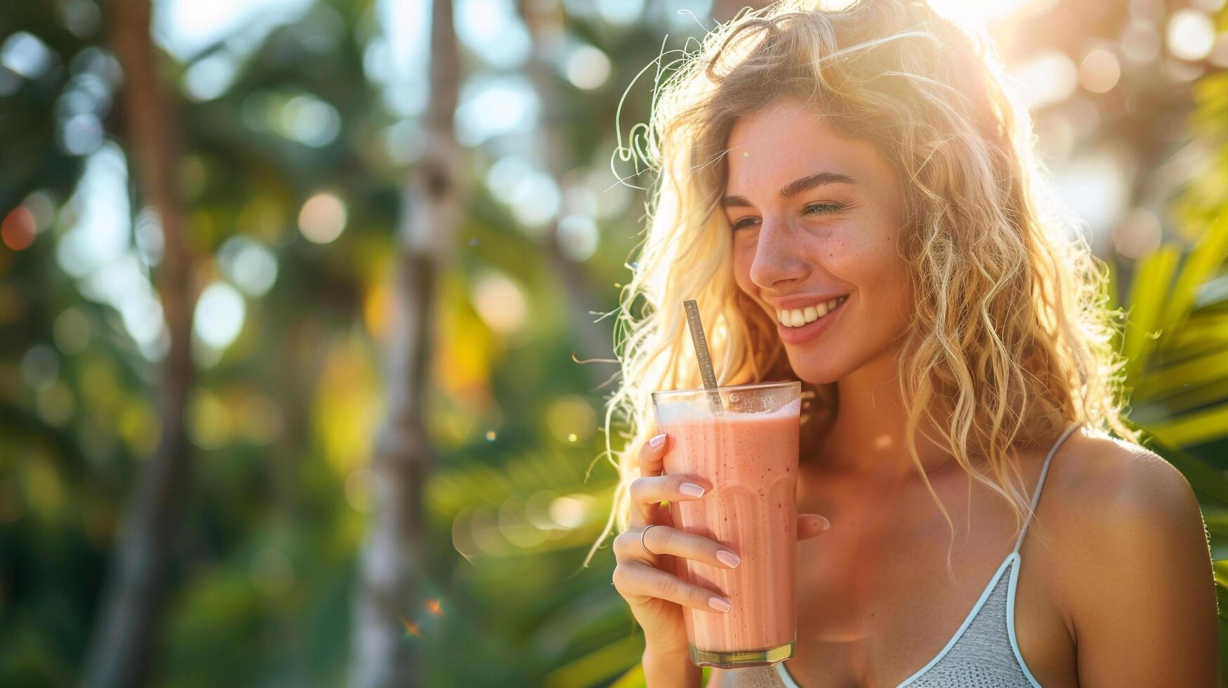 ai genererad en kvinna njuter en friska smoothie efter en träna foto