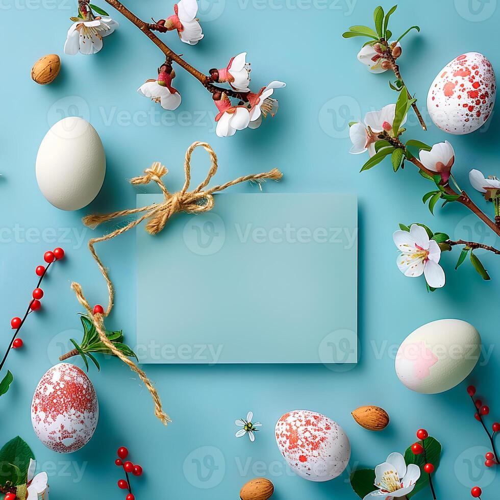 ai genererad påsk tecknad serie Färg ägg med copyspace, påsk tapet foto