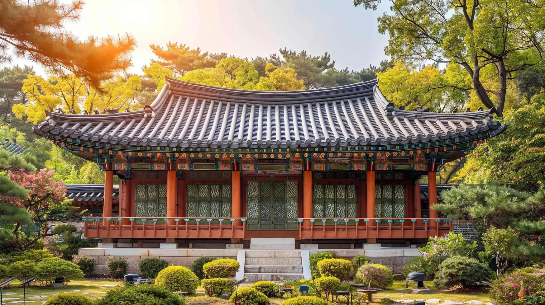 ai genererad traditionell koreanska arkitektur gammal stil söder koreatop resa landmärke i seoul korea foto
