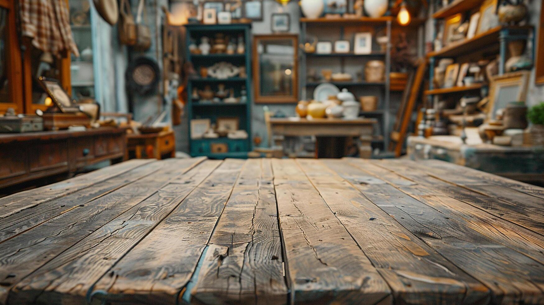 ai genererad en tom årgång trä- bordsskiva med suddig antik samlar och memorabilia i de bakgrund idealisk för främja årgång Produkter foto