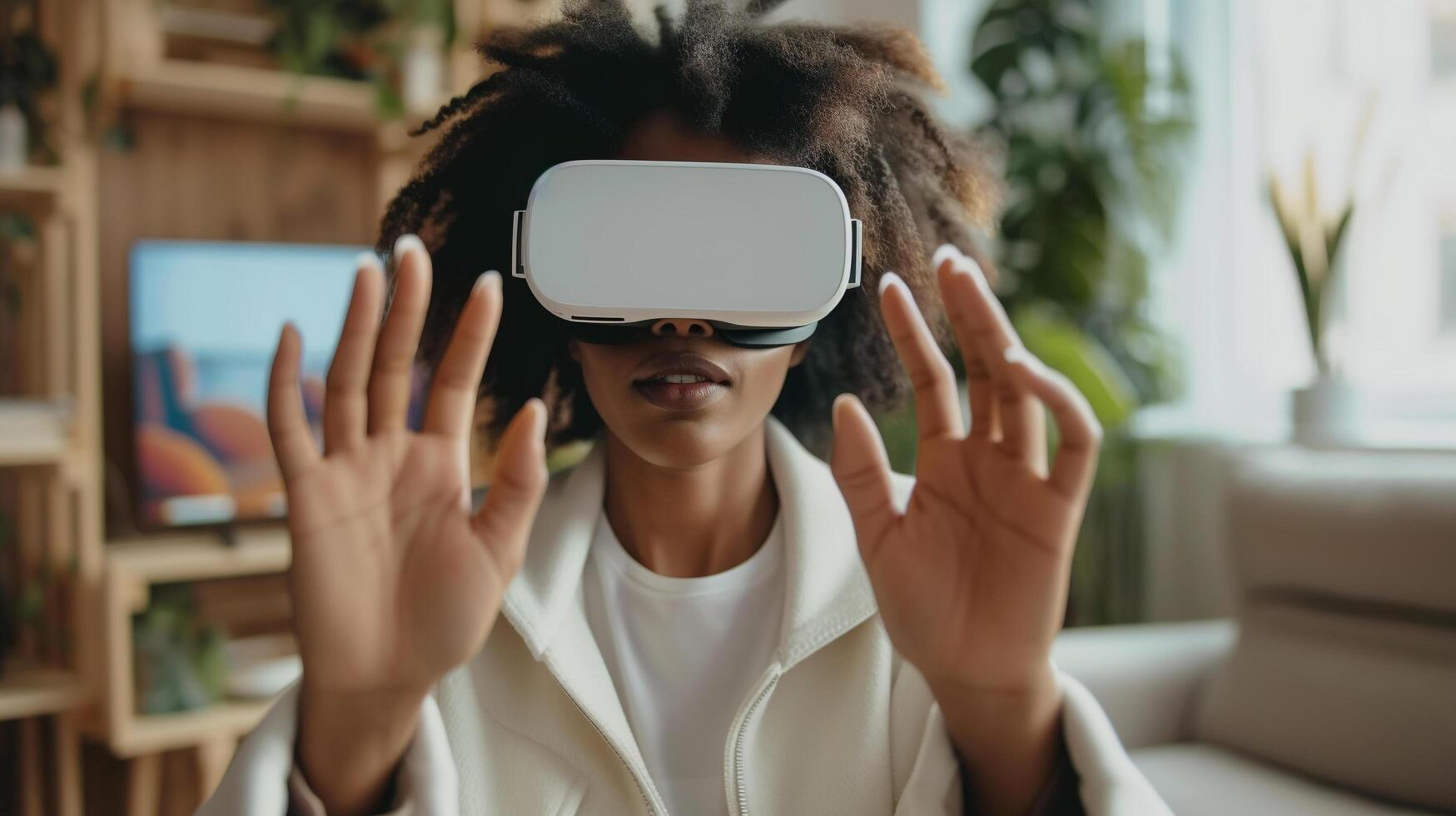 ai genererad afrikansk amerikan ung kvinna bär använder sig av virtuell verklighet metavers vr glasögon headsetet på Hem flicka rörande luft under vr erfarenhet foto
