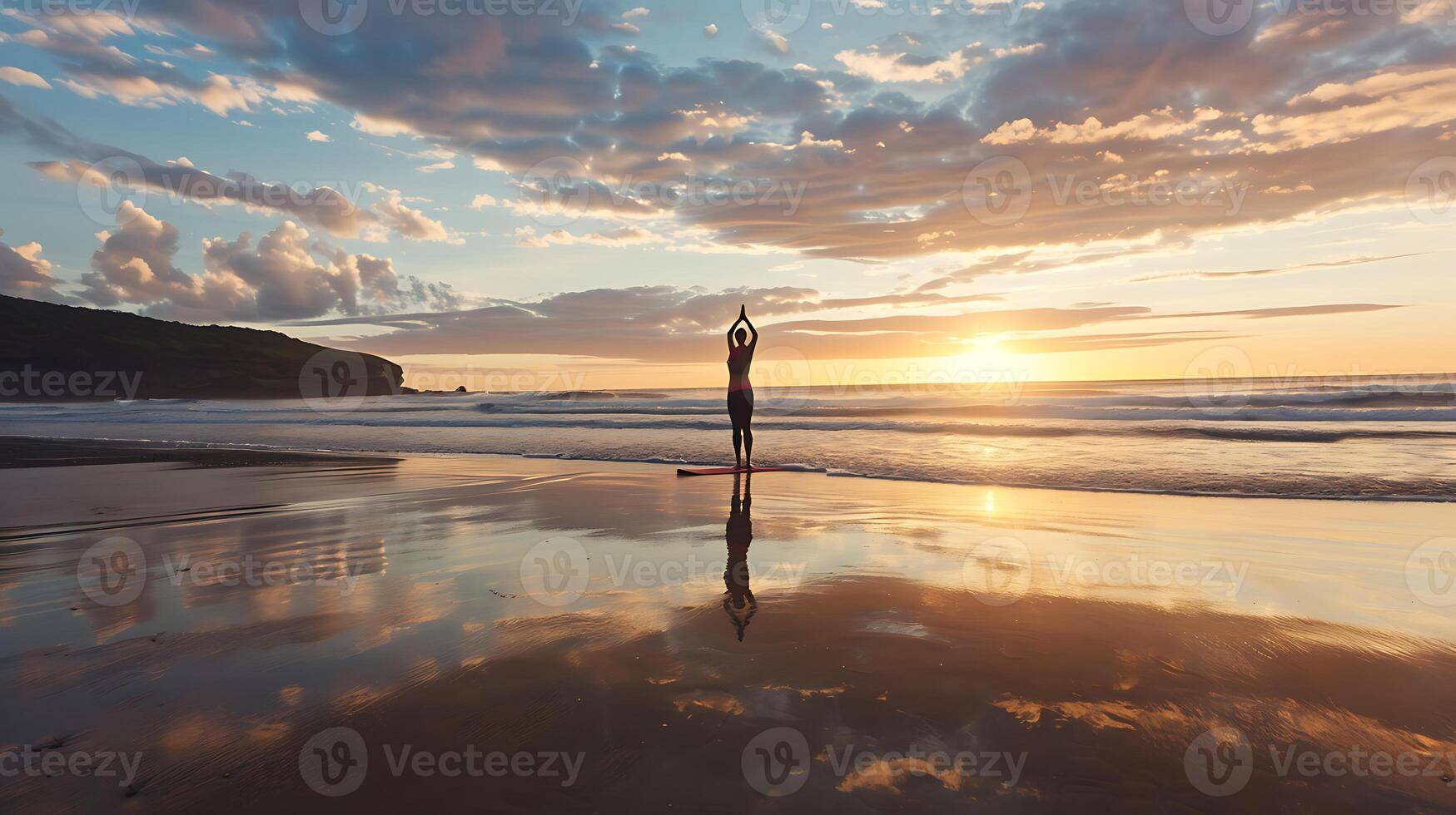 ai genererad yoga öva på havsstrand på gryning foto