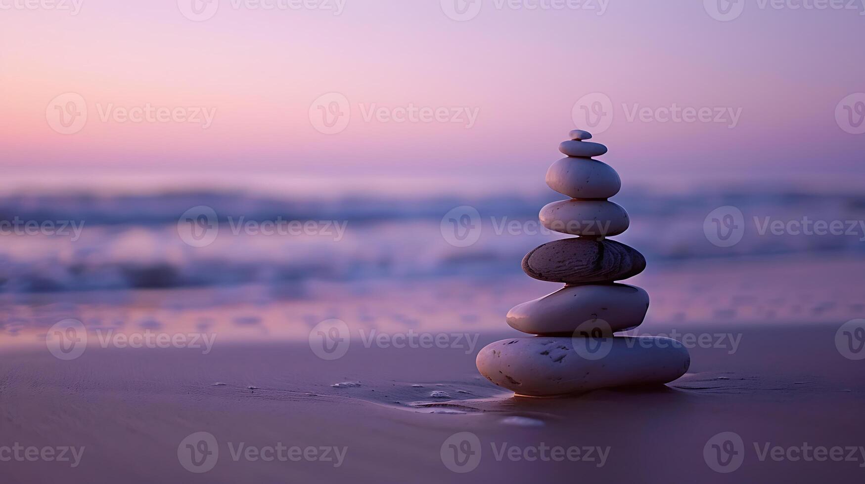 ai genererad sten stack på strand på skymning foto