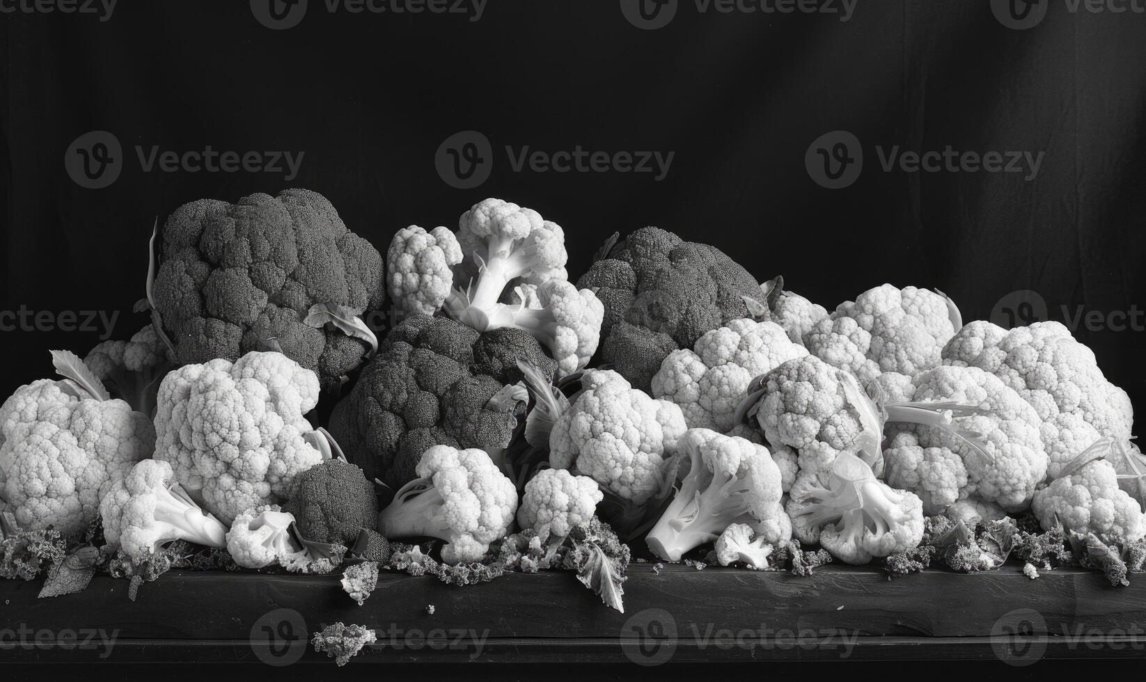 ai genererad svart och vit bild av blomkål och broccoli på trä- tabell. foto