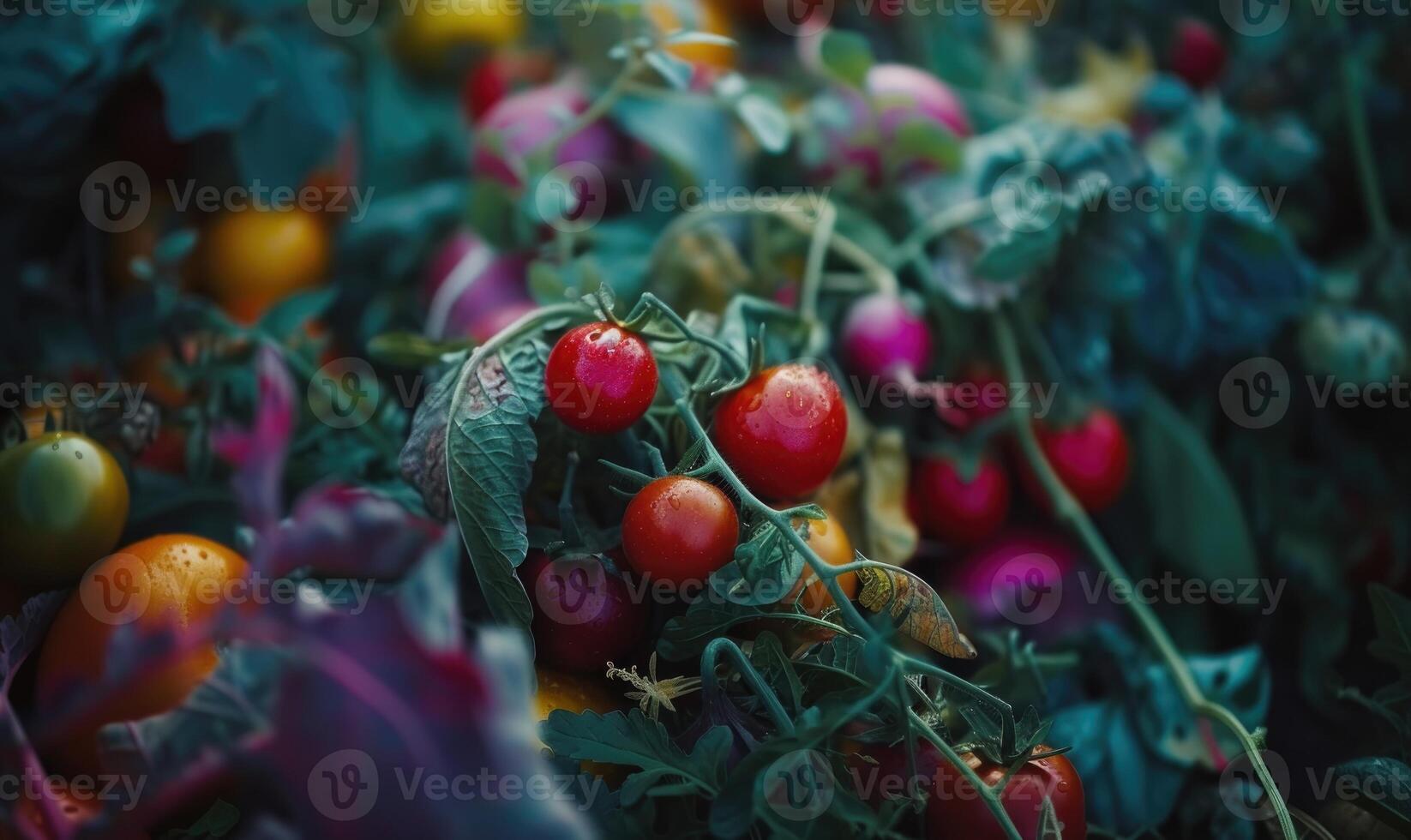 ai genererad tomater bakgrund. topp se av annorlunda olika sorter av tomater. grönsaker bakgrund. foto