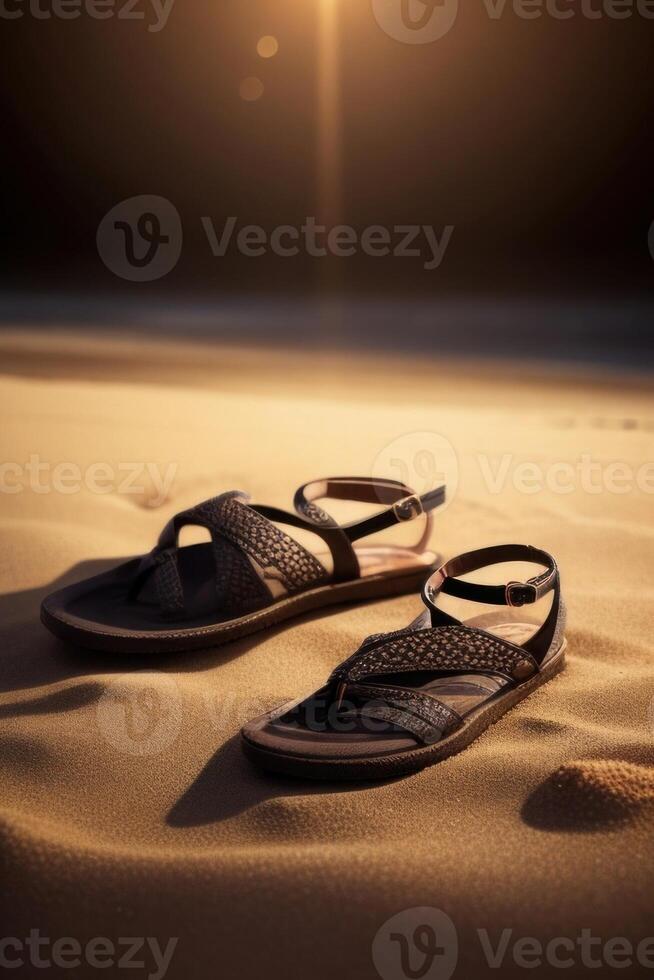 ai genererad en par av sandaler på de strand foto