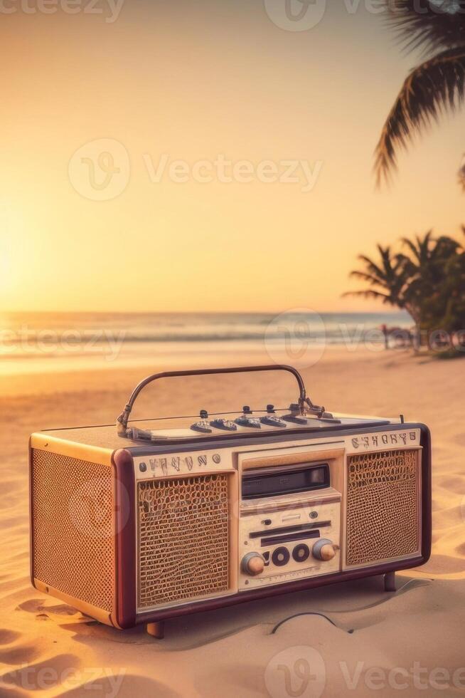 ai genererad årgång radio på de strand foto