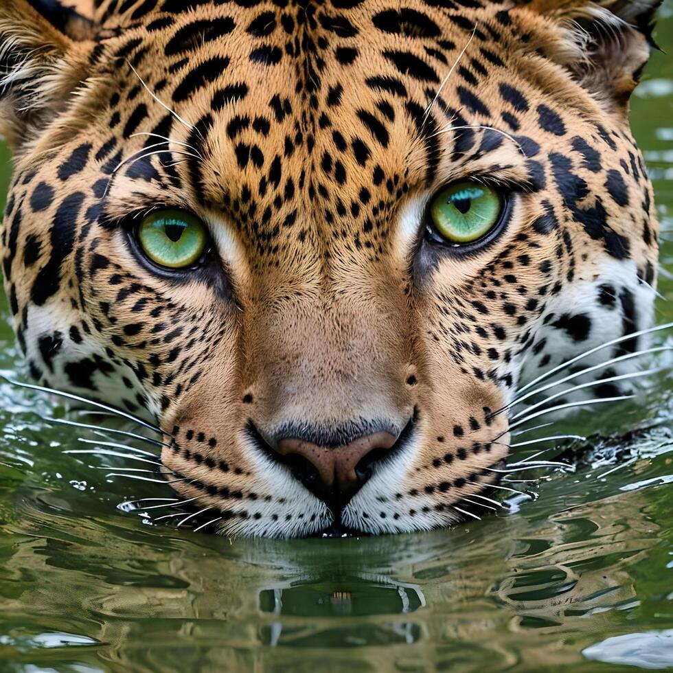 ai genererad en närbild av en jaguars ansikte i de vatten foto