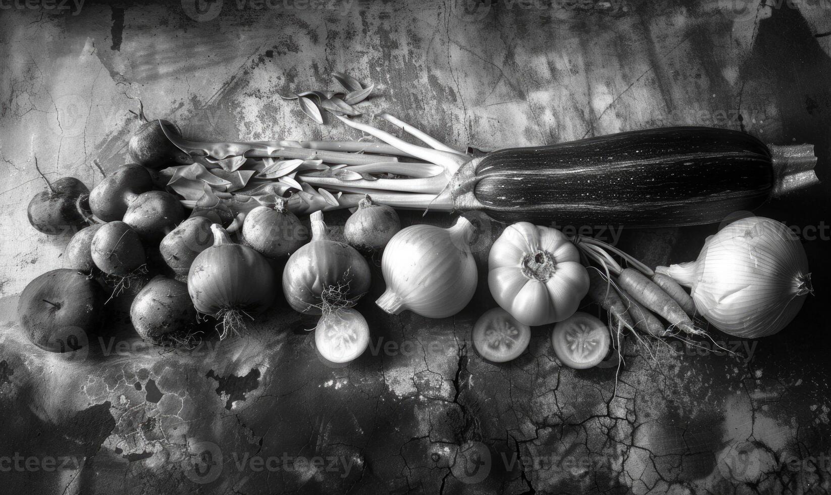 ai genererad fortfarande liv med grönsaker på en rustik bakgrund. svart och vit. foto