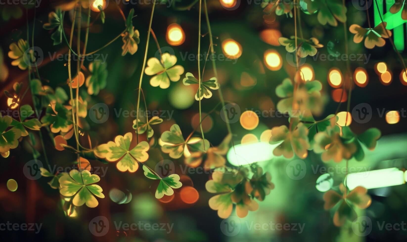 ai genererad st. patricks dag bakgrund med grön klöver löv och bokeh foto