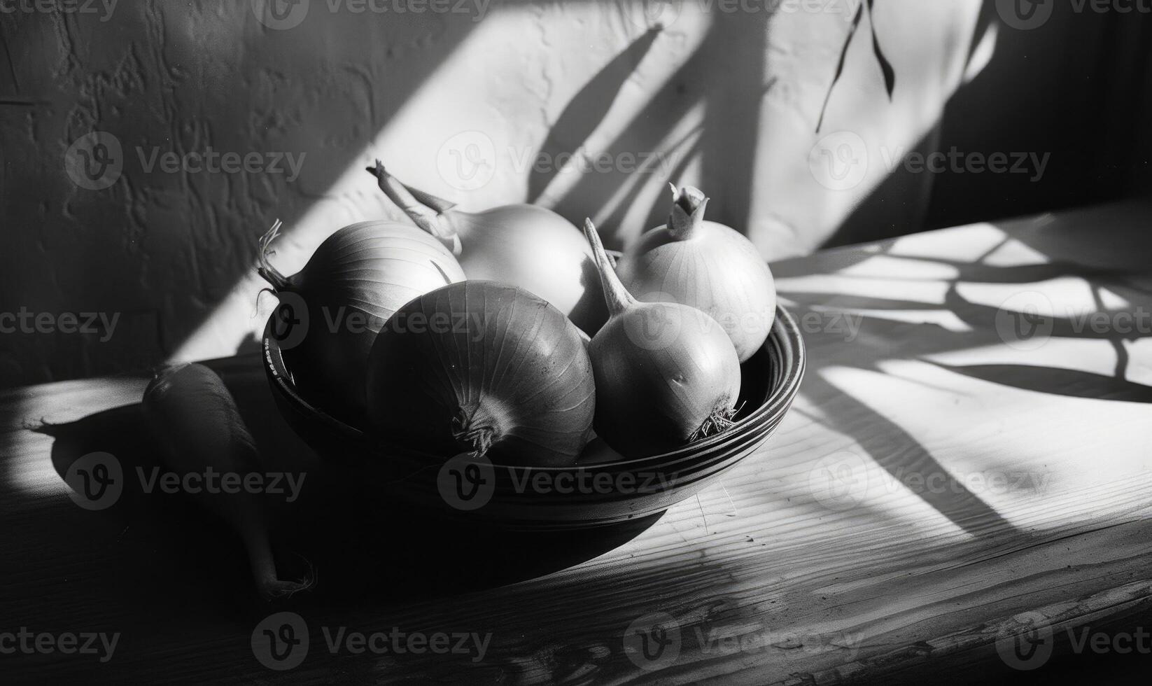 ai genererad fortfarande liv grönsaker på en svart bakgrund, svart och vit Foto. foto