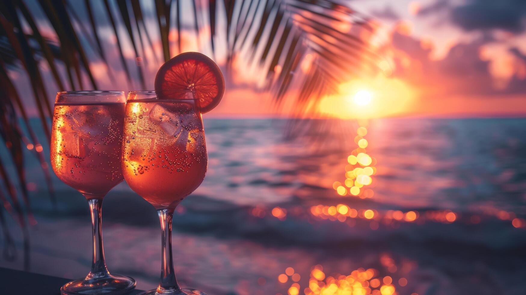ai genererad två glasögon av is te på en strand på solnedgång foto