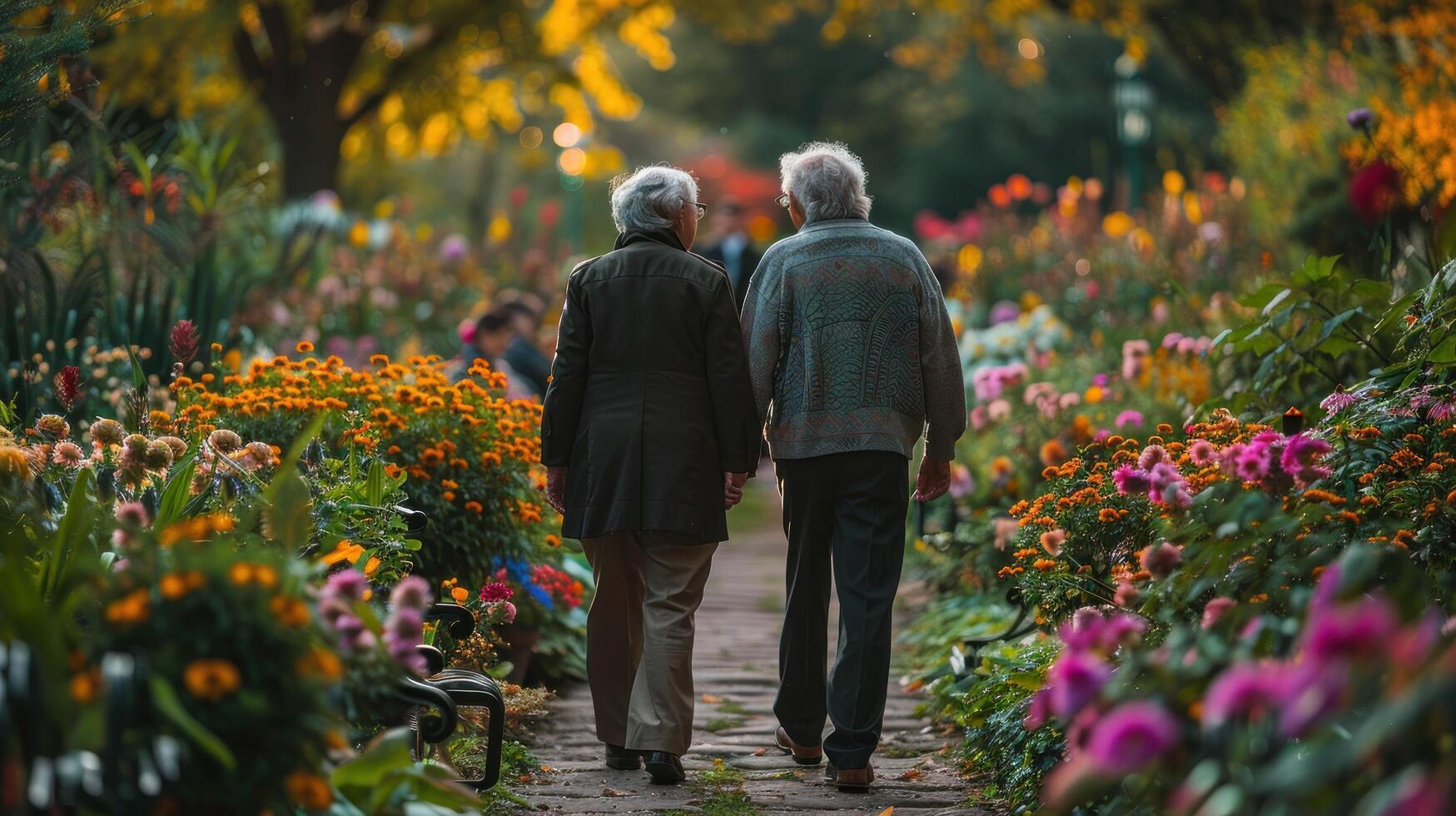 ai genererad två människor gående längs blomfodrad väg foto