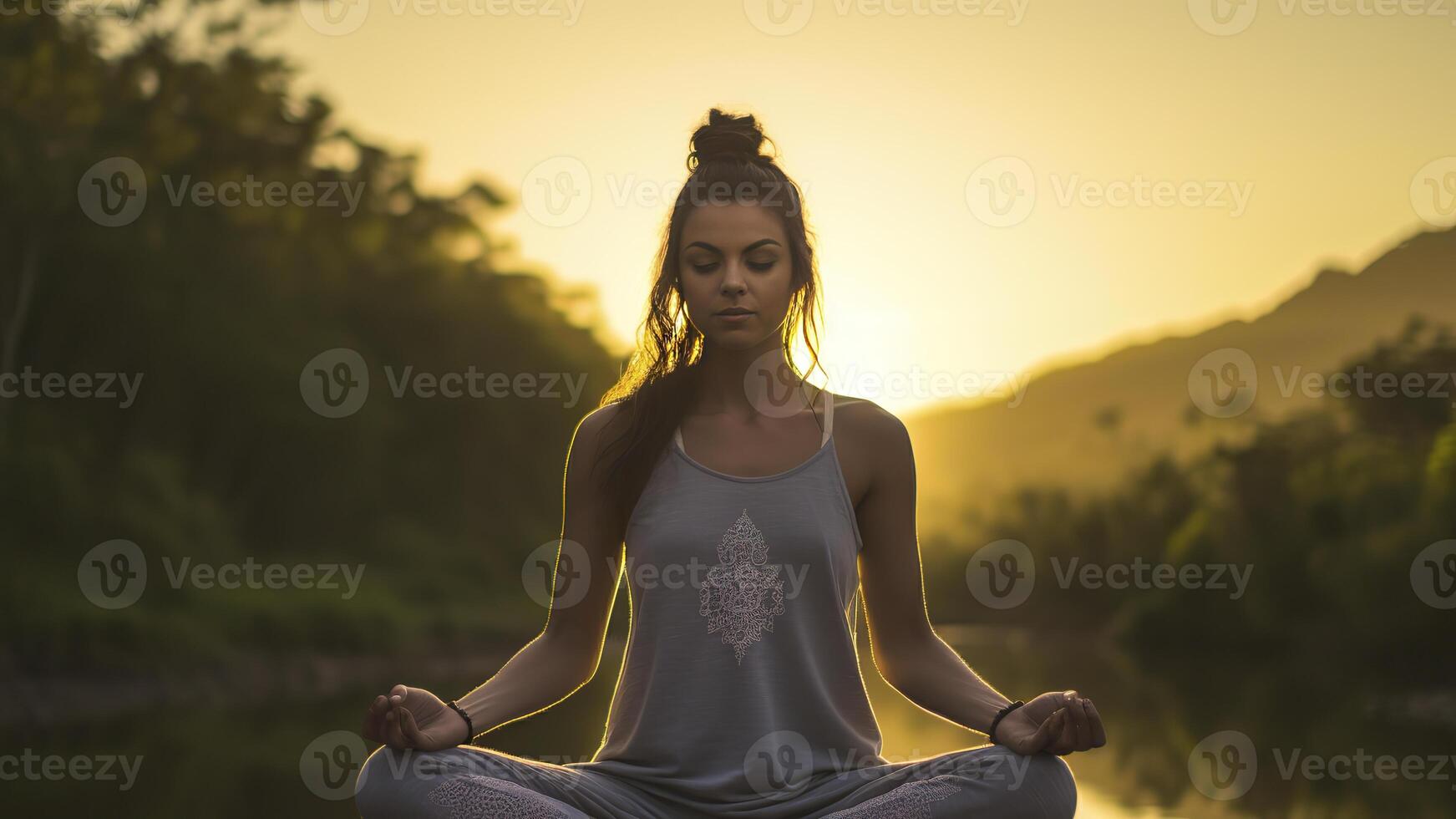 ai genererad Söt ung kvinna håller på med yoga i de natur, yoga tid i de naturre, kvinna avkopplande i de natur, Söt kvinna håller på med yoga övning foto