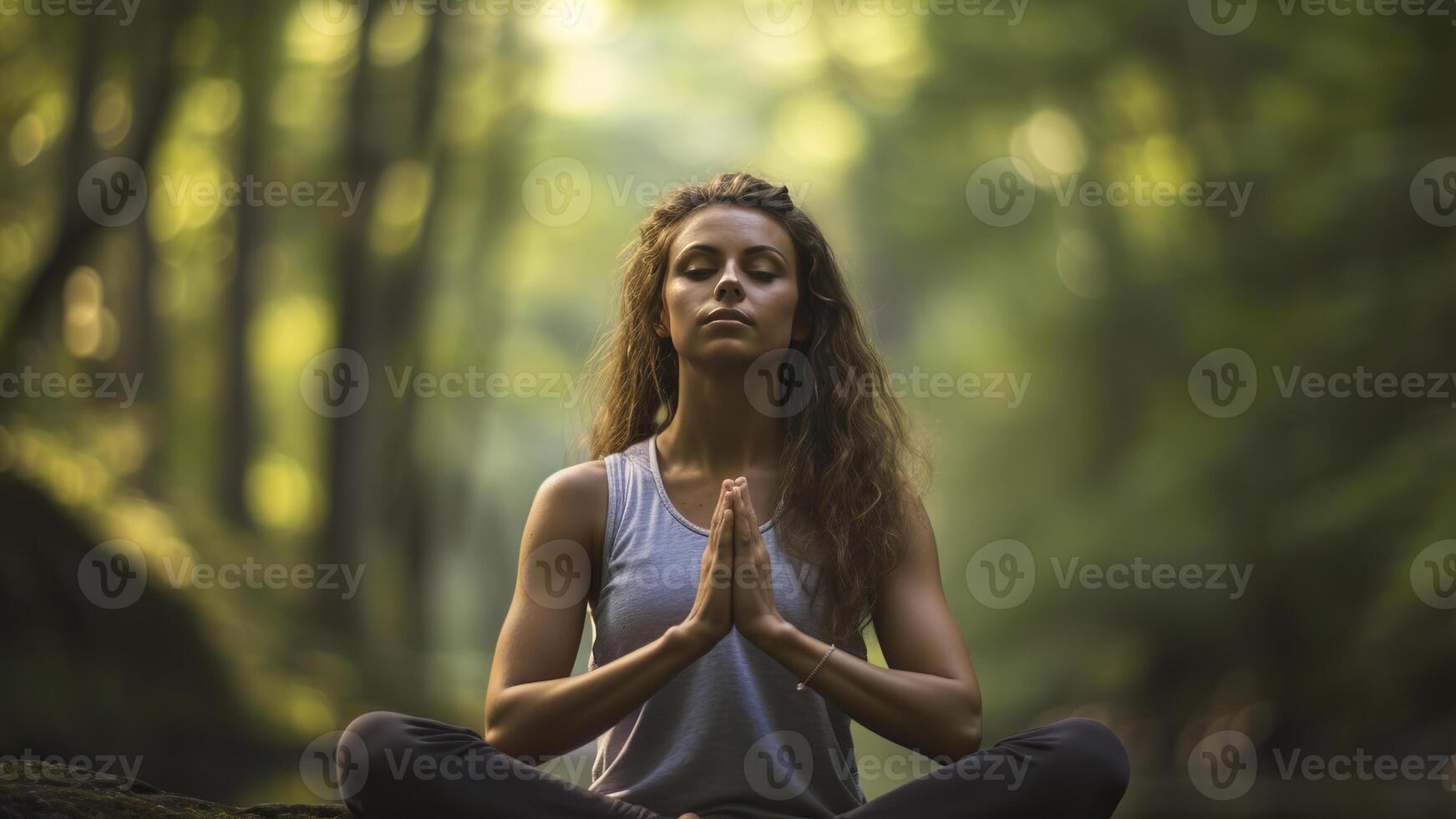 ai genererad Söt ung kvinna håller på med yoga i de natur, yoga tid i de naturre, kvinna avkopplande i de natur, Söt kvinna håller på med yoga övning foto