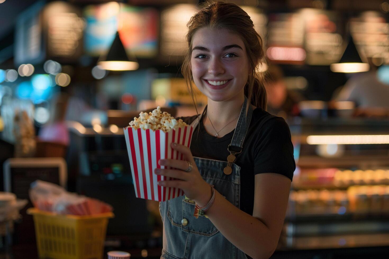 ai genererad Lycklig anställd tjänande popcorn på bio. foto