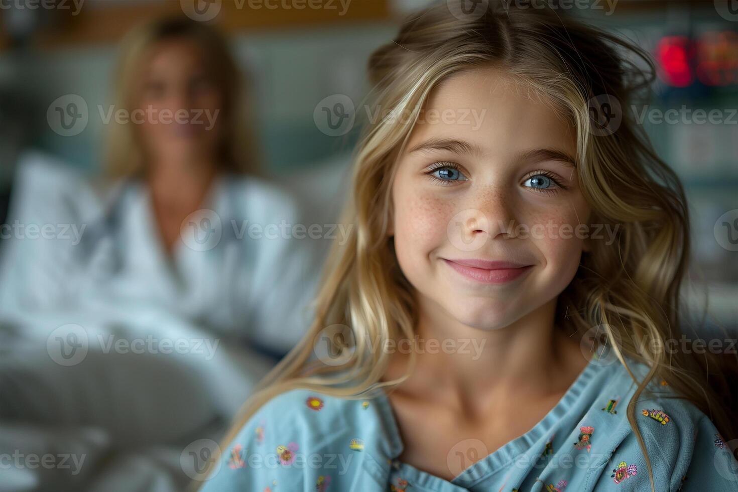 ai genererad leende ung flicka i sjukhus klänning med läkare i de bakgrund foto