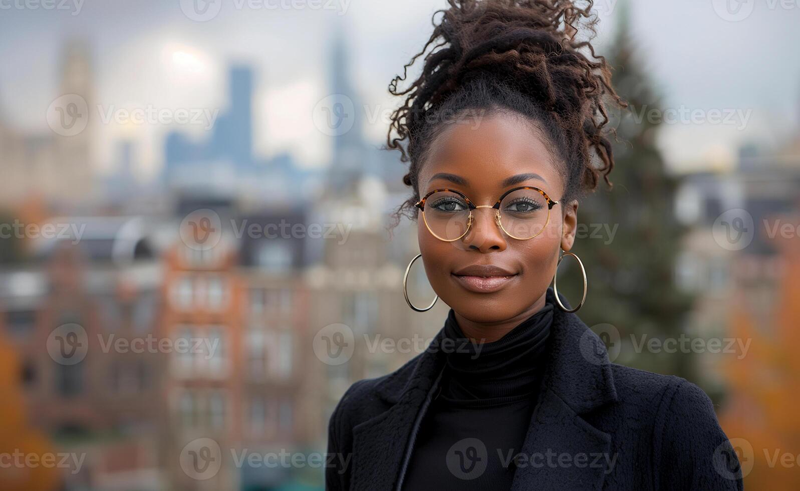 ai genererad självsäker ung svart affärskvinna med glasögon i urban miljö foto