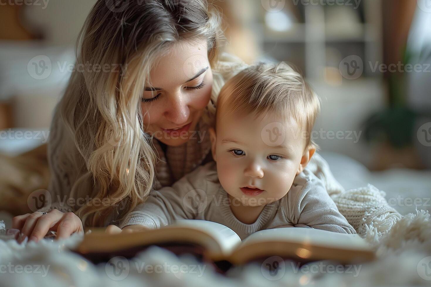 ai genererad ung mor läsning bok till litet barn på Hem, intim familj ögonblick foto