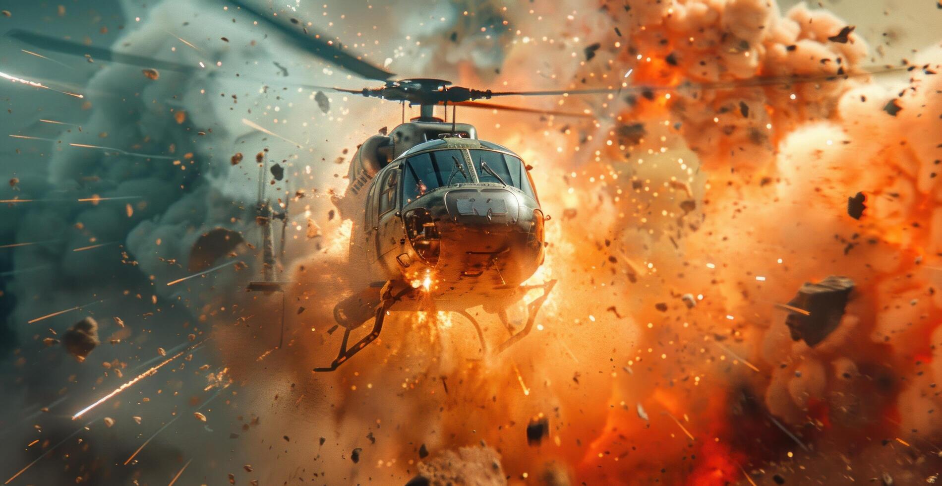 ai genererad en helikopter är flygande genom ett explosion foto