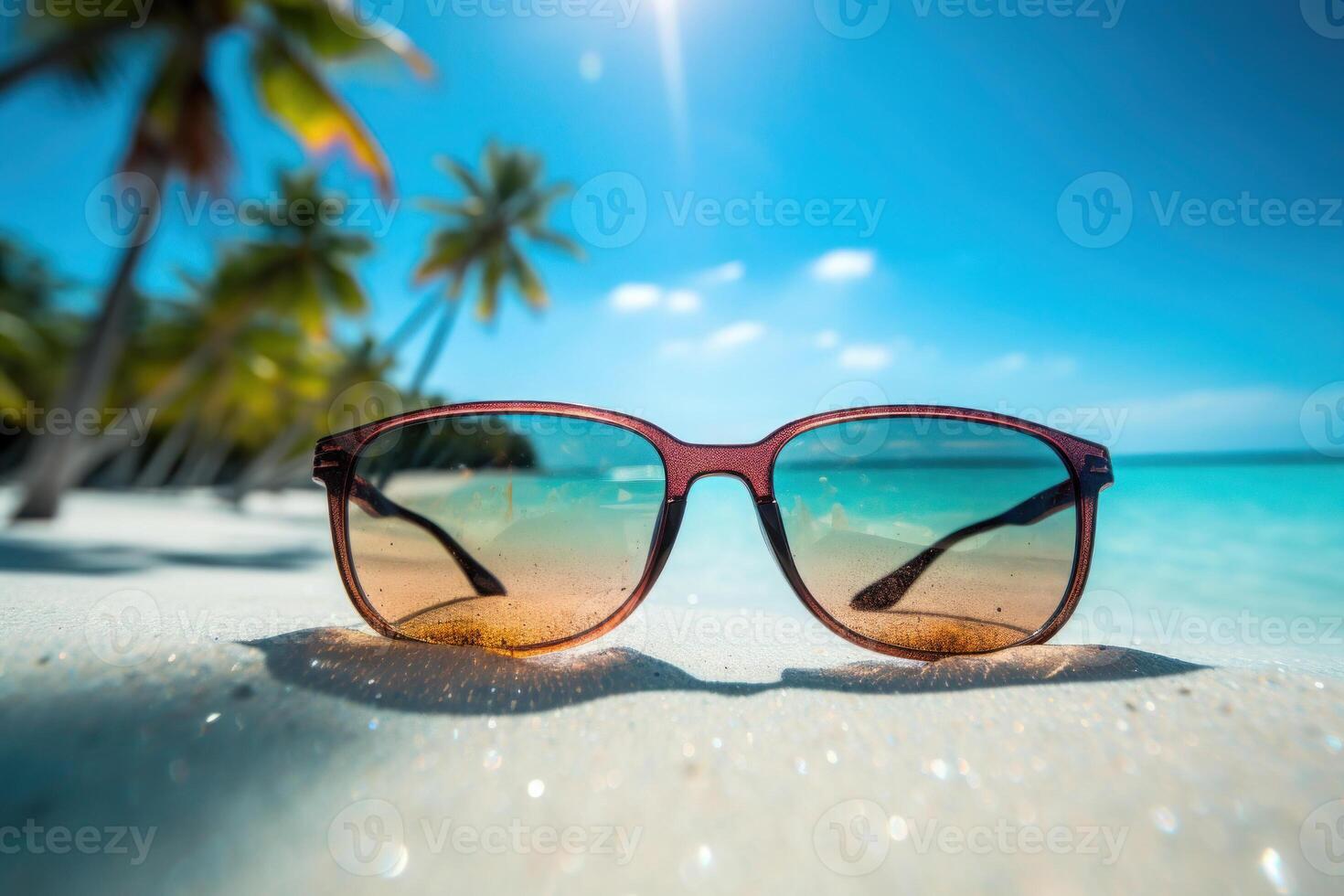 ai genererad närbild av solglasögon på en solig tropisk strand med klar blå himmel foto