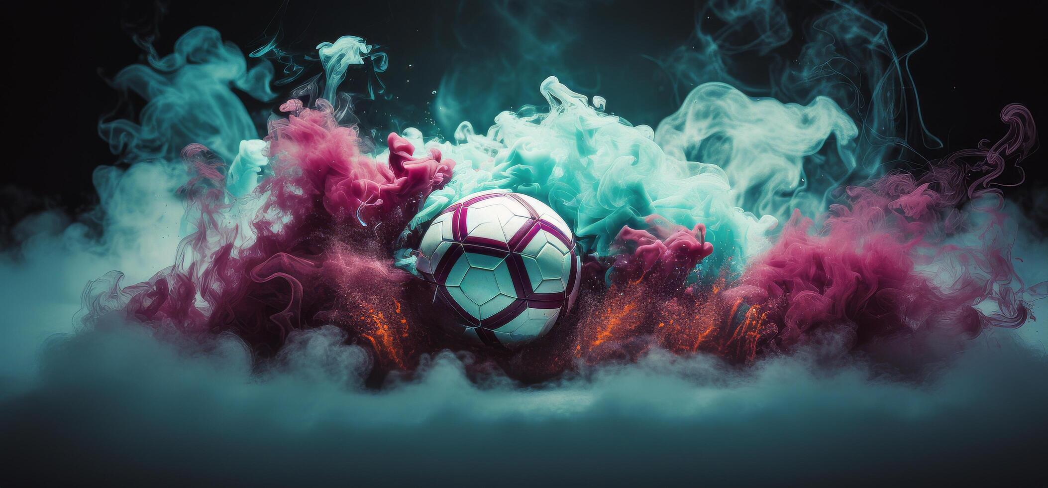 ai genererad fotboll spelare sparkar en boll med rök och rök kommande från de distans foto