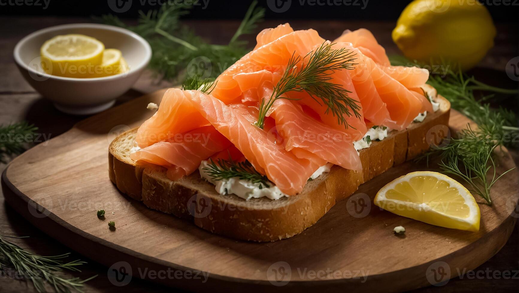 ai genererad bröd med färsk lax skivad utsökt lax på en trä- styrelse foto