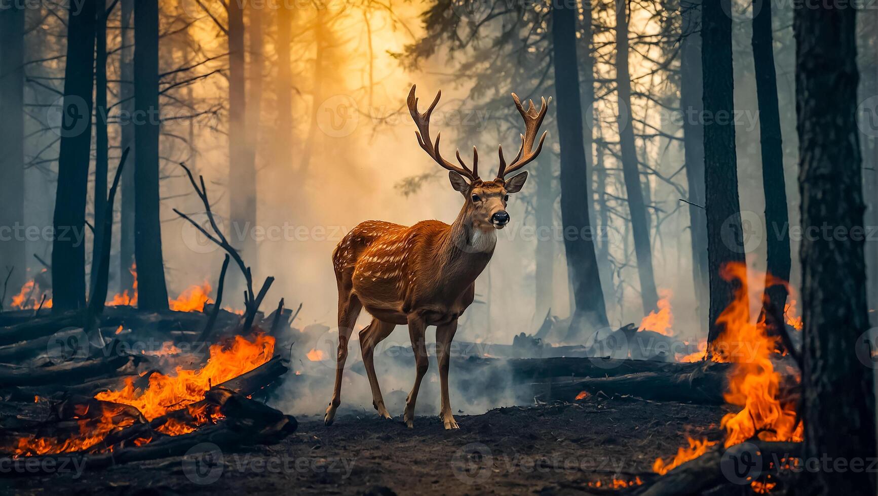ai genererad rådjur skog brand, träd i rök, lågor foto