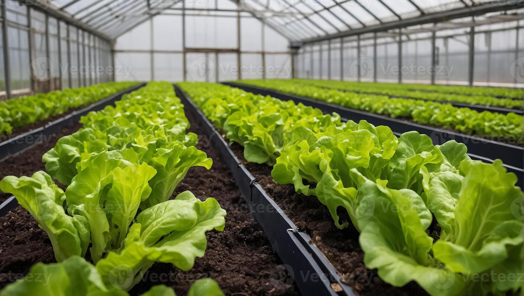 ai genererad sallad växande i en växthus foto