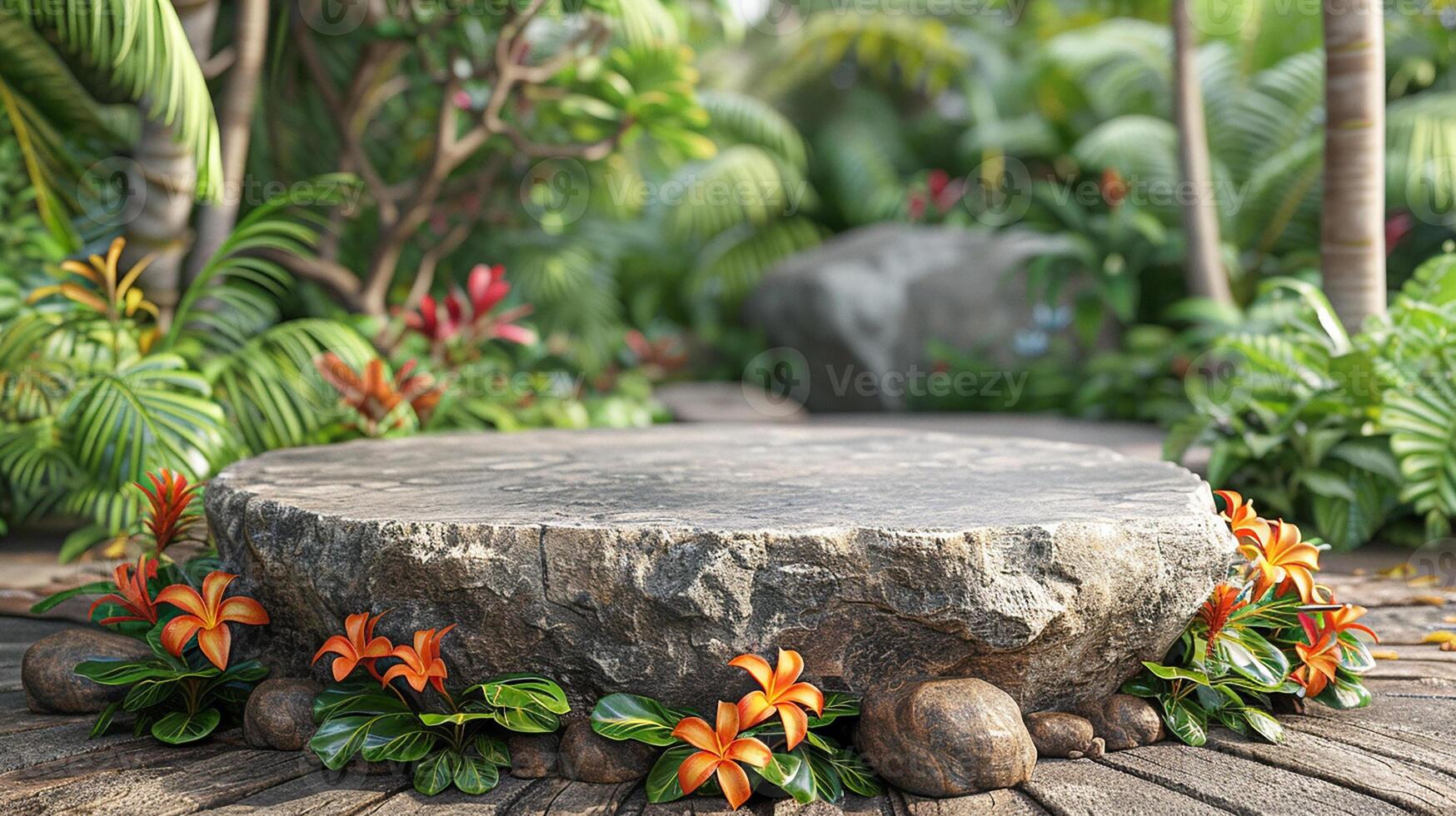 ai genererad en sten tabell omgiven förbi blommor och växter foto