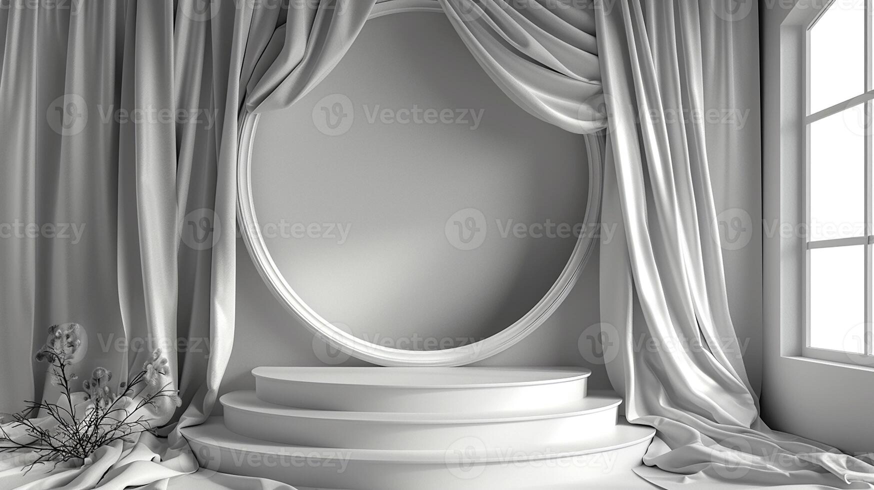 ai genererad vit rum med en runda spegel och gardiner foto