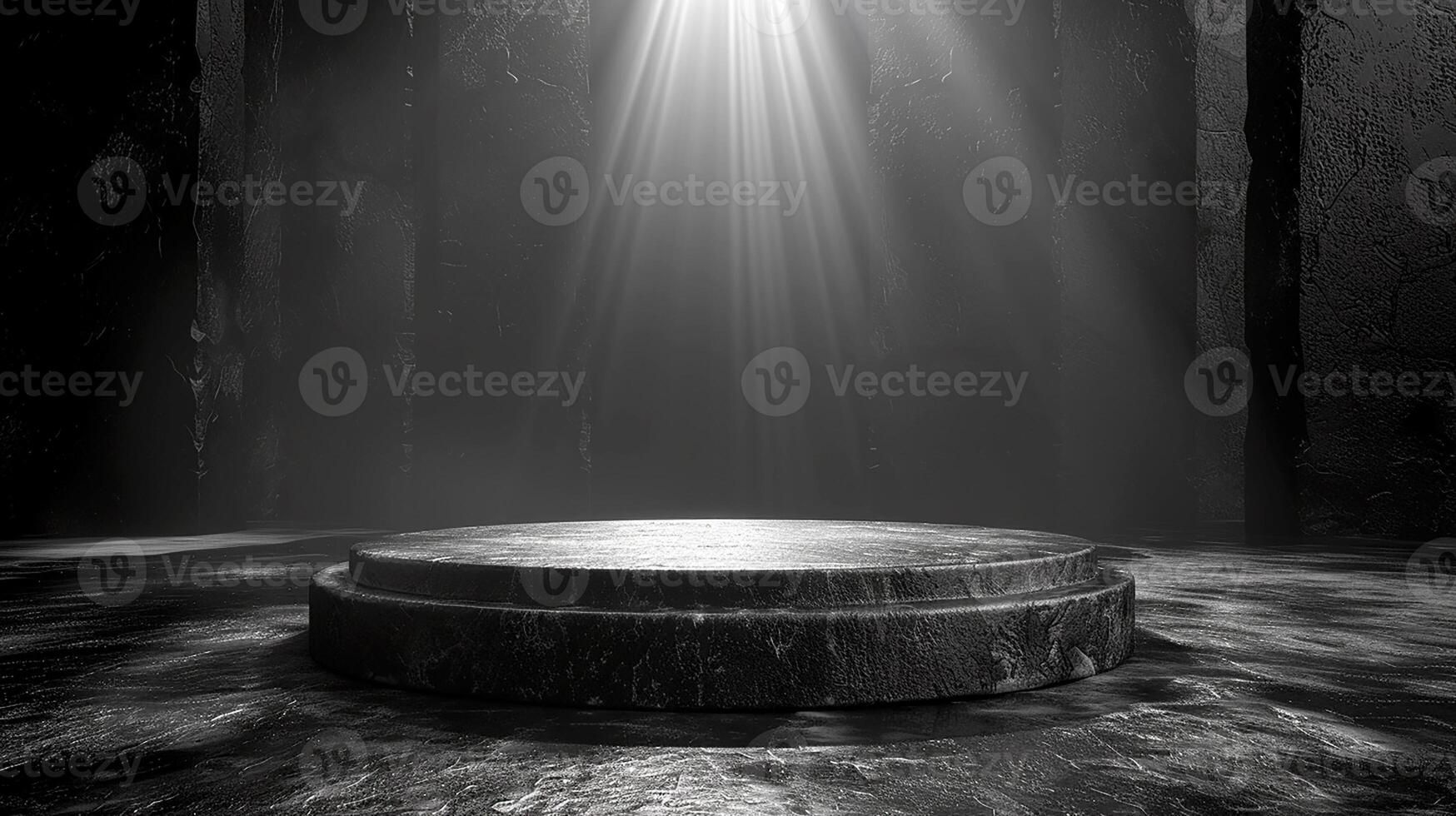 ai genererad en svart och vit Foto av en podium i en mörk rum