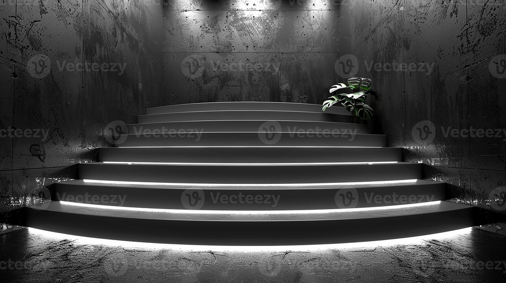 ai genererad en svart och vit Foto av en trappa med lampor