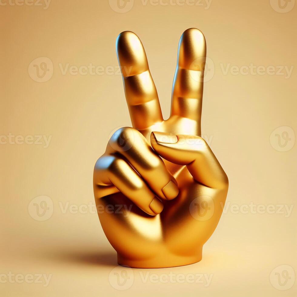 ai genererad 3d guld trofén hand skulptur som visar de siffra två med mitten och index finger, fred tecken gest mot en mjuk beige bakgrund. foto