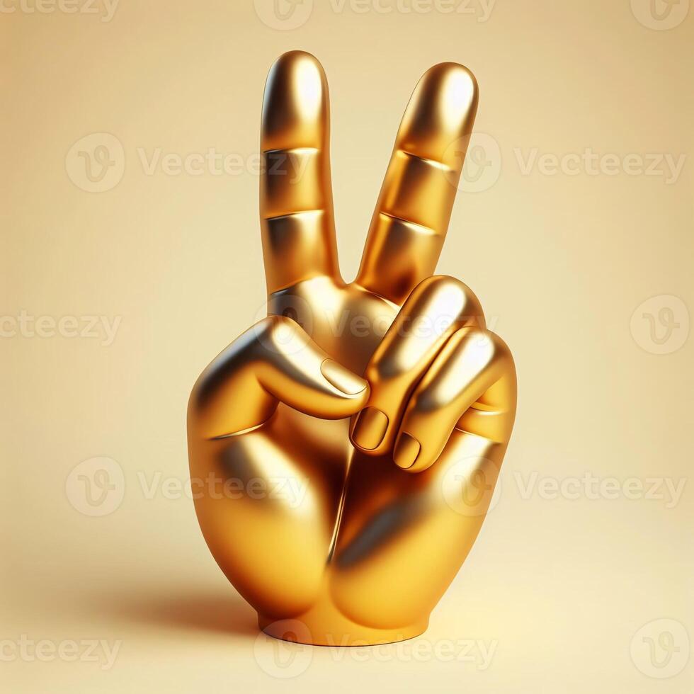 ai genererad 3d guld trofén hand skulptur som visar de siffra två med mitten och index finger, fred tecken gest mot en mjuk beige bakgrund. foto