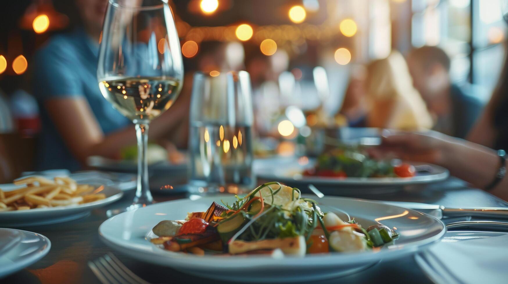 ai genererad ett elegant skott av människor dining i en eleganta restaurang, med vackert pläterad maträtter foto