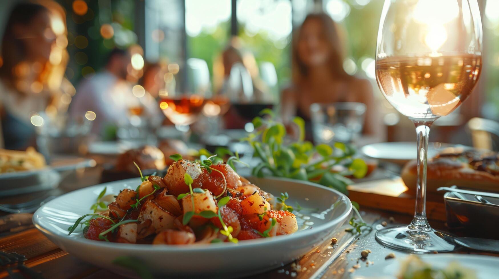 ai genererad ett elegant skott av människor dining i en eleganta restaurang, med vackert pläterad maträtter foto