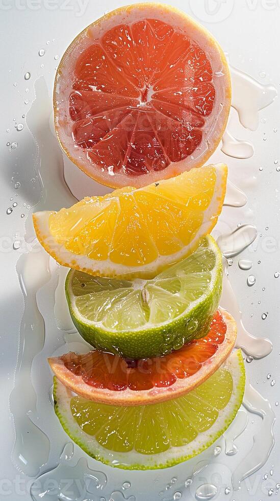 ai genererad citrus- stänk, uppfriskande medley av citrus- frukt Inklusive citroner lime och grapefrukt, generativ ai, bakgrund bild foto