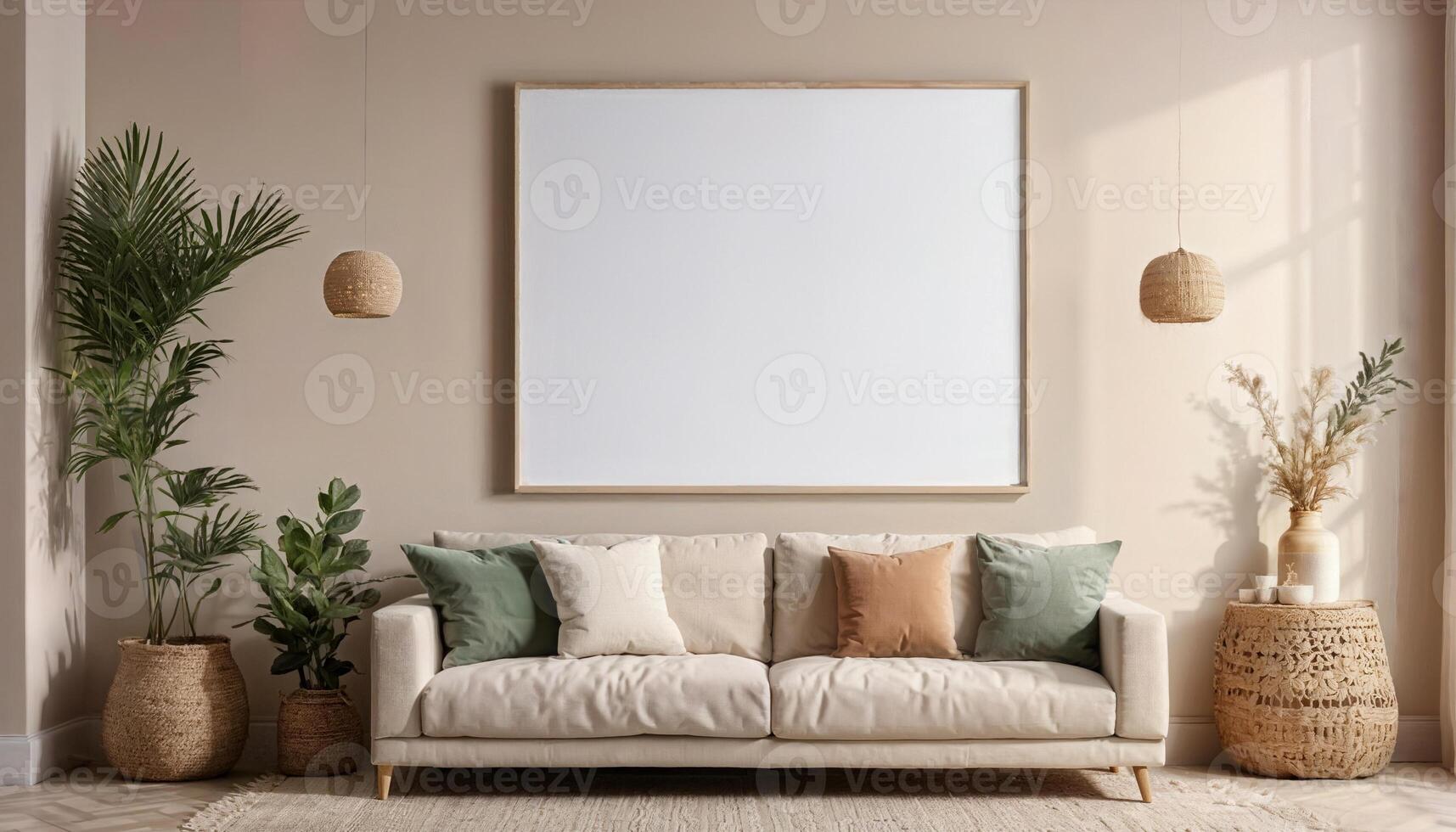 ai genererad levande rum interiör vägg attrapp i värma toner med beige Linné soffa, tömma vit duk med ram foto