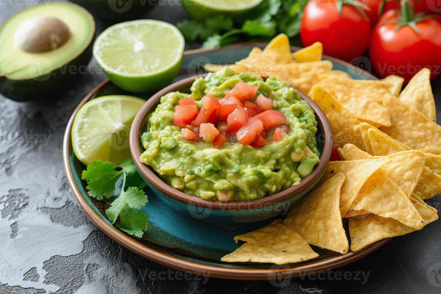 ai genererad guacamole i en skål garnerad med färsk tomater foto