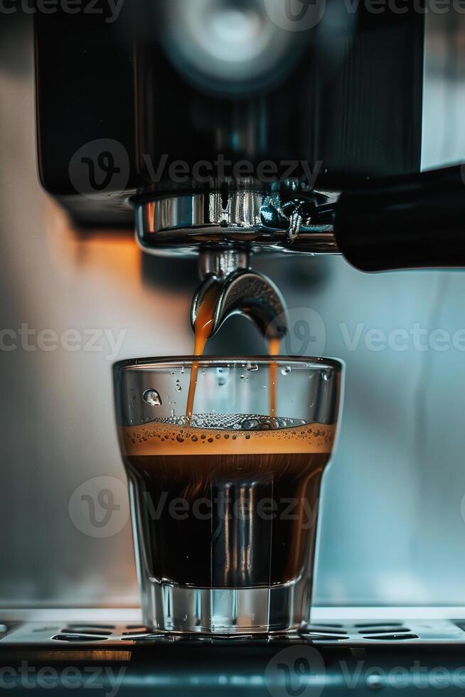 ai genererad espresso maskin bryggning rik mörk kaffe in i klar glas, maskin för framställning kaffe foto