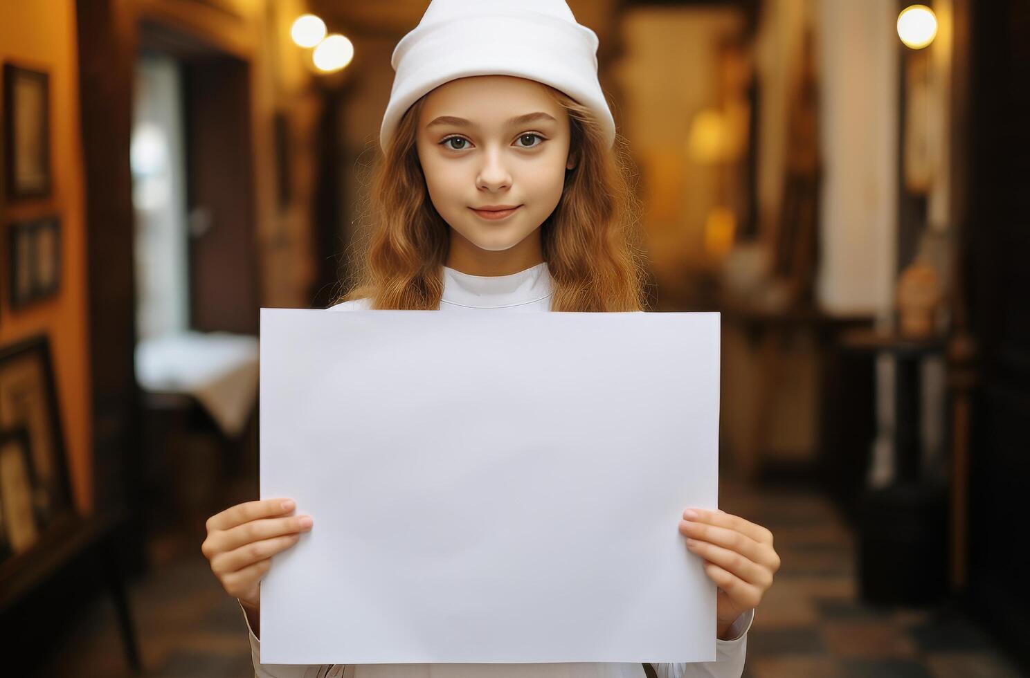 ai genererad ung flicka innehav en tom vit papper nära målarfärger foto