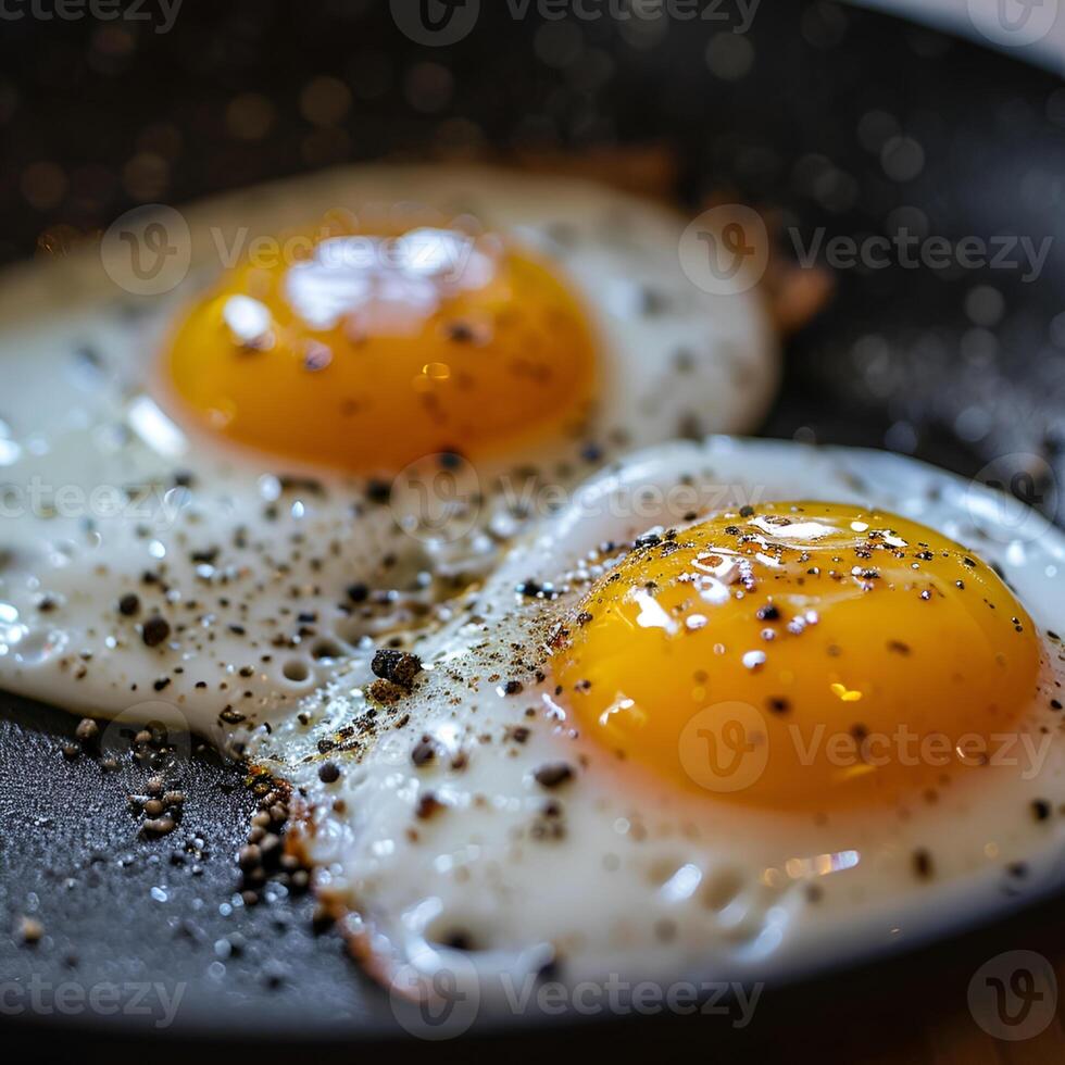 ai genererad friterad ägg i en svart panorera är varelse kokta, stänkte med svart peppar foto