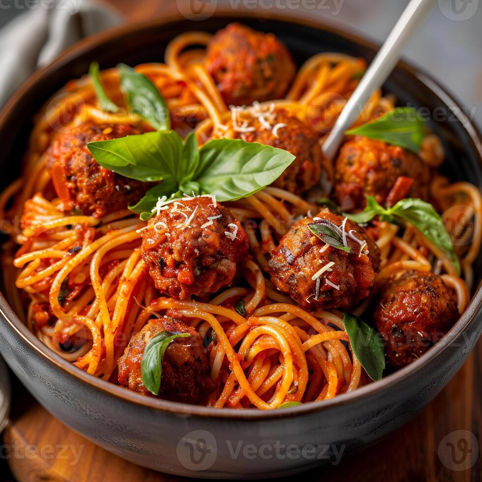 italiensk spaghetti och köttbullar i en skål foto