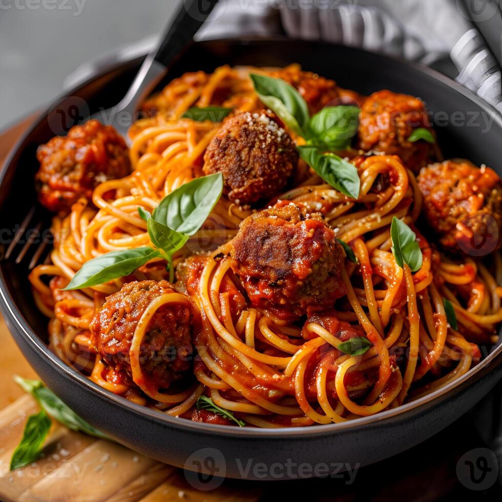 italiensk spaghetti och köttbullar i en skål foto