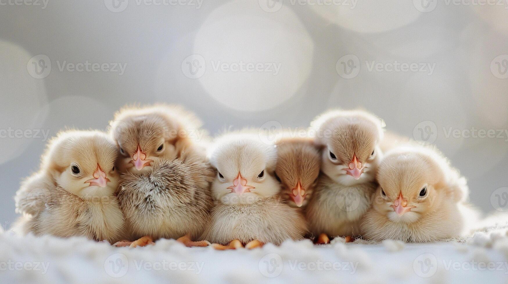 ai genererad fluffig kycklingar, en grupp av fluffig kycklingar kramade tillsammans på en vit yta, bakgrund bild, generativ ai foto