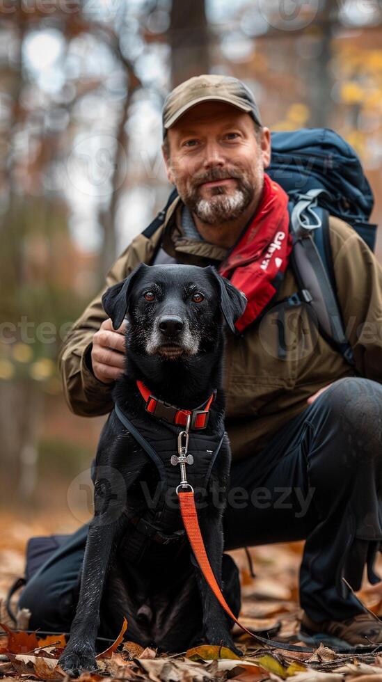 ai genererad en man och hans hund redo för ett utomhus- äventyr, med vandring redskap eller gående Tillbehör, generativ ai foto