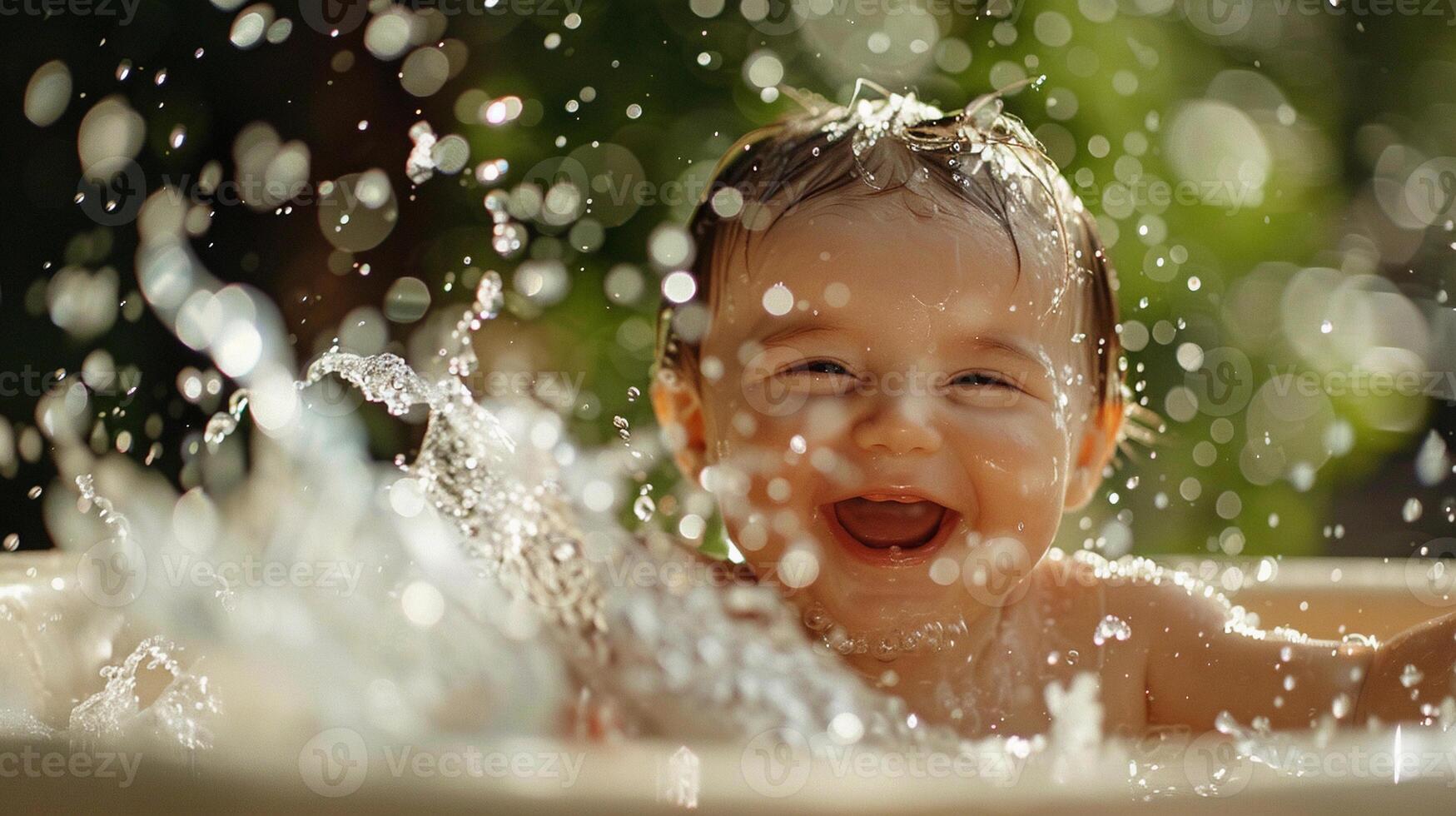 ai genererad bad tid fnissar, en lekfull scen av en nyfödd njuter en värma bad, stänk mjukt och leende ljust, generativ ai, bakgrund bild foto